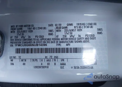 2022 Ford Escape Se из США, поврежденный, VIN 1FMCU0G66NUB14396